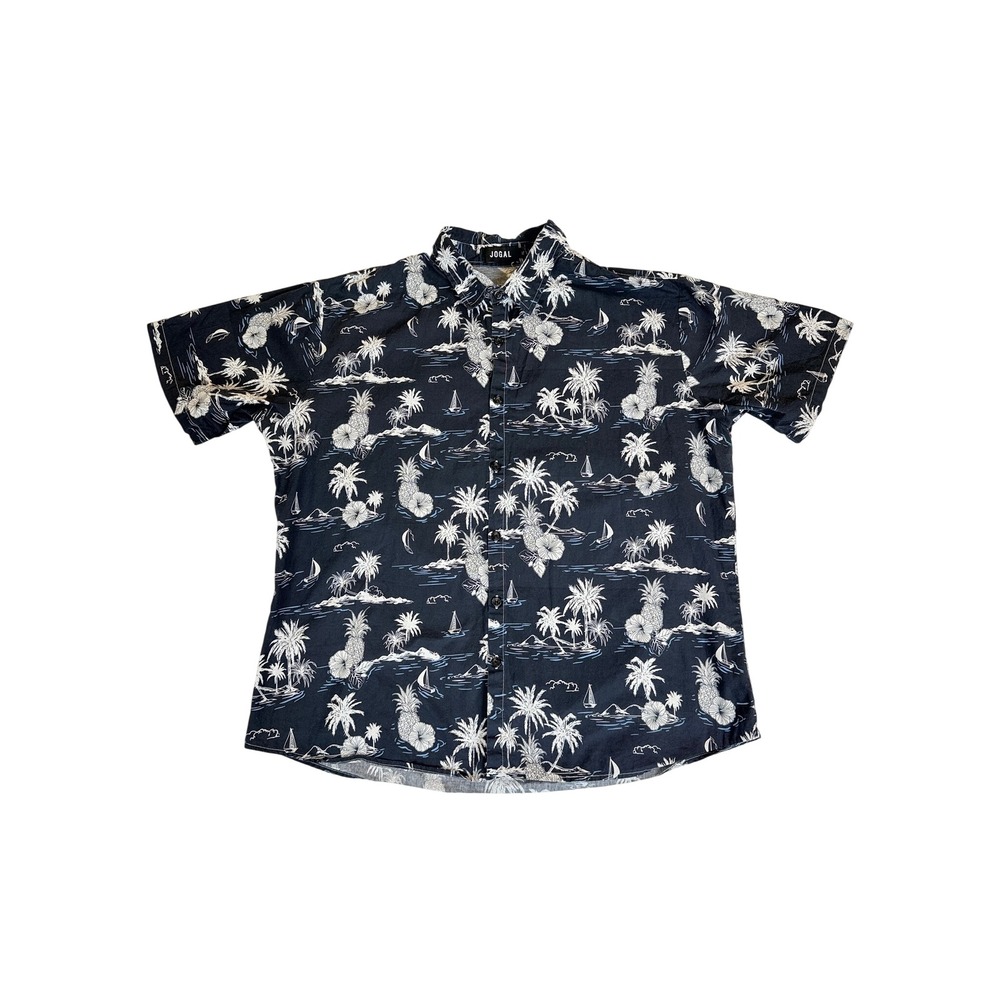 JOGAL Button Down Shirt Mens XL Black Tropical Pineapple Palm Tree Short Sleeve
